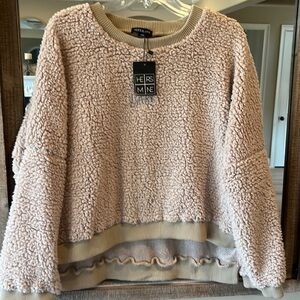 Cozy Tan Pullover Fluffy Sherpa Boutique Hers & Mine New Oversized Womens S M